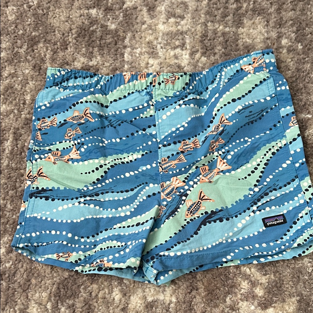 Patagonia Kids’ Baggies Shorts with Fun Fish Pattern (elastic waist is worn)